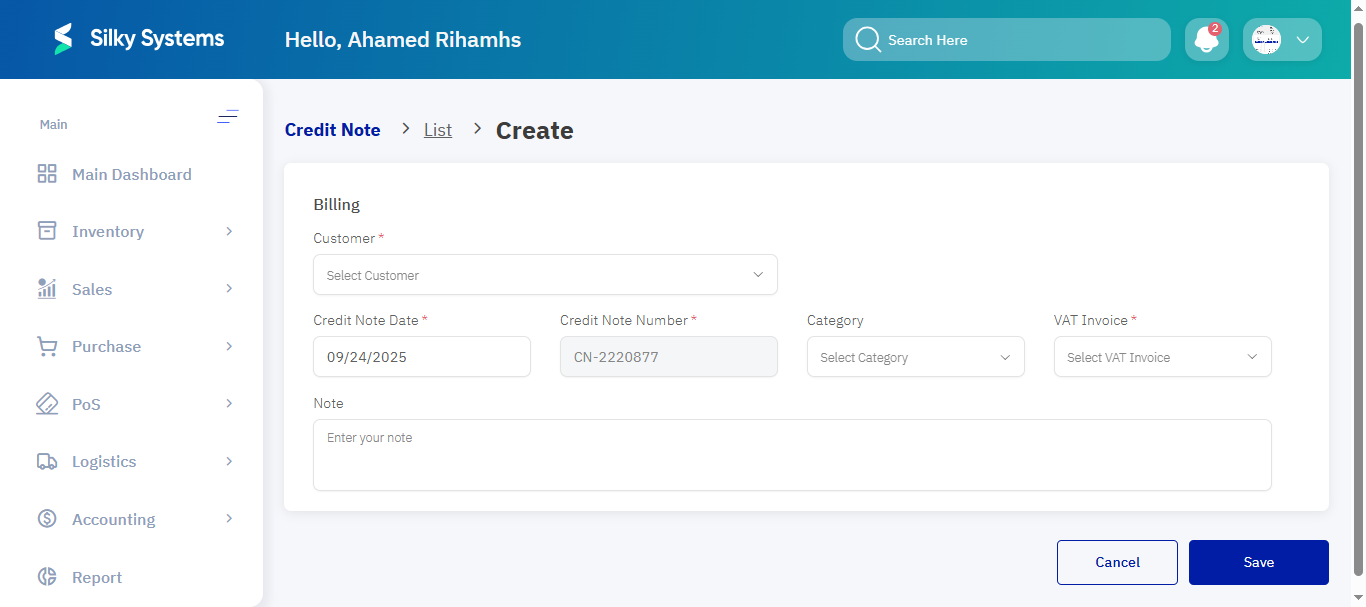 Create Credit Note Form